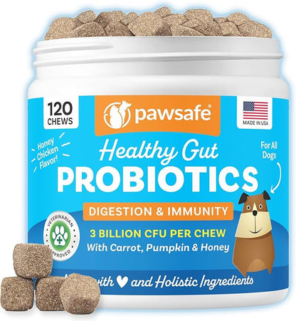 PawSafe® Dog Probiotics Soft Chews for Picky Eaters - USA Made, 120 Count - Digestive & Gut Health, Diarrhea, Gas Relief, Allergy & Itchy Skin Support - Natural with Pumpkin - Honey Chicken Flavor