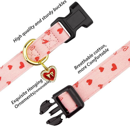 Cotton Handmade Dog Collar Cute and Distinctive Patterns Pink Heart with Pendant for Girl Boy Dogs Collars L