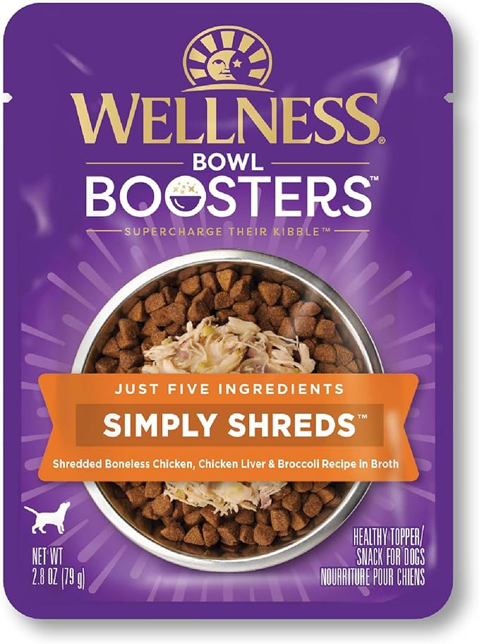 Wellness Bowl Boosters Simply Shreds Wet Dog Food Topper for Small, Medium, and Large Breeds, Grain Free, Natural, Chicken Liver and Broccoli Recipe, 2.8 oz, Pack of 12 Pouches