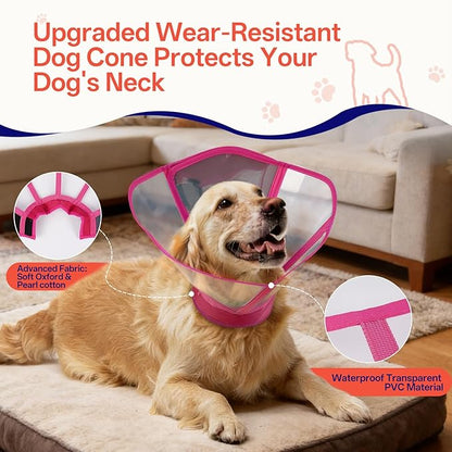 Foldable Dog Cone Collar - Adjustable Comfort Elizabethan Recovery Collar, Transparent Waterproof E-Collar for Dogs After Surgery to Stop Licking Scratching, Rose Red, M