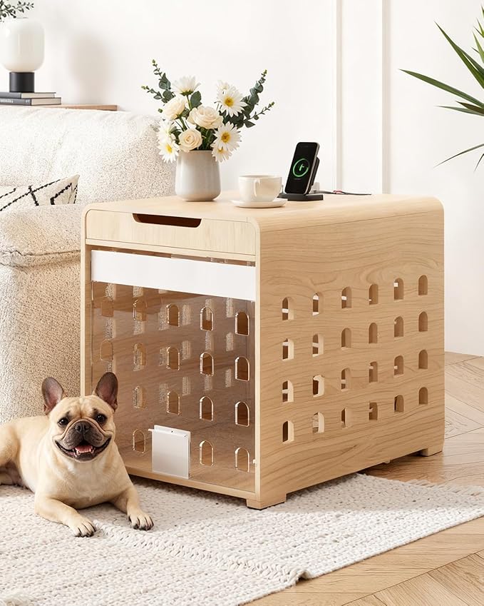 Modern Dog Crate Furniture with Charging Station Medium Kennel Indoor with Flip-up Hidden Acrylic Door for Small and Medium Breeds up to 50lb Wood Pet End Side Table Cage, Oak