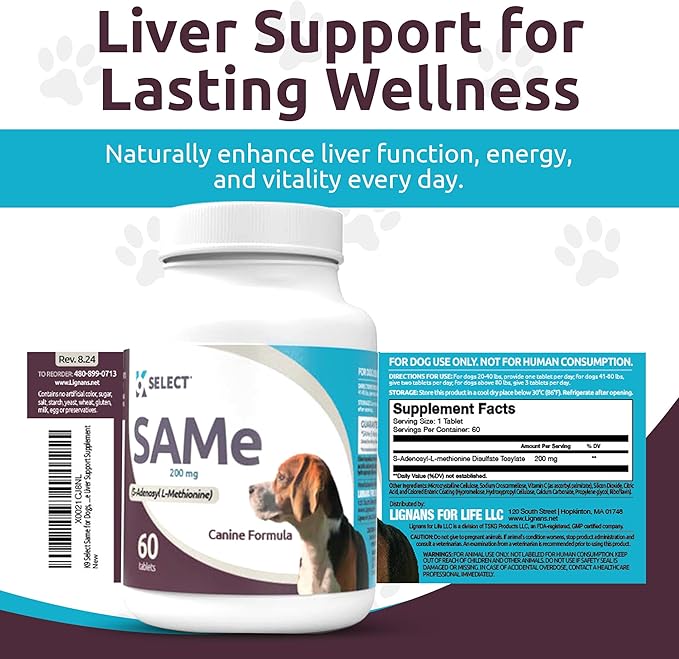K9 Select SAM-e for Medium and Large Adult Dogs, 60 Tablets, 200mg Active S-Adenosyl L- Methionine, for Dogs