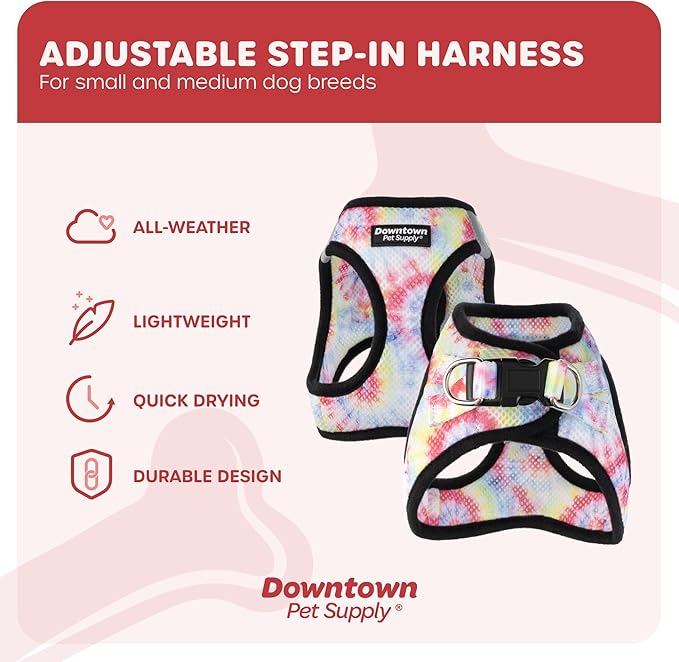 Downtown Pet Supply Step-in Dog Harness – No Pull, Adjustable Padded Mesh with Reflective Trim, Secure Buckle Strap – Comfortable & Breathable Small Dog Harness, Large, Tie Dye