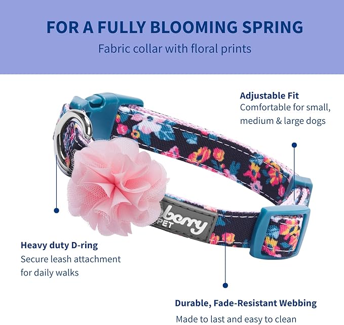 Blueberry Pet Made Well Elegant Floral Print Adjustable Dog Collar in Sleek Black with Pink Artificial Silk Flower, Small, Neck 12"-16"