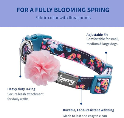 Blueberry Pet Made Well Elegant Floral Print Adjustable Dog Collar in Sleek Black with Pink Artificial Silk Flower, X-Small, Neck 7.5"-10"