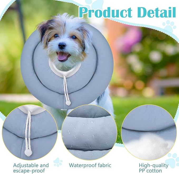 Waterproof Escape-Proof Soft Dog Cones, Adjustable Small Dog Donut Collar with Elastic Neckband, Elizabethan Collar for Dogs, Neck Pillow for Dogs and Cats (Blue-Gray, M)