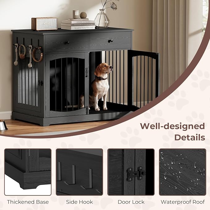 Dog Crate Furniture, Wooden Dog Kennel Furniture, Heavy-Duty Dog Crate End Table with Storage Drawers, Double Doors Decorative Pet Cage House Indoor for Small Medium Dog, 40Inch, Black