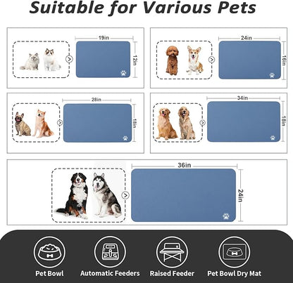 HotLive Dog Food Mat - Absorbent Cat Mat for Food and Water, No Stains Pet Feeding Bowl Mat, Easy to Clean Pet Placemats, Quick Dry Dog Water Dispenser Mat for Messy Drinkers | Paw Blue 18"x34"