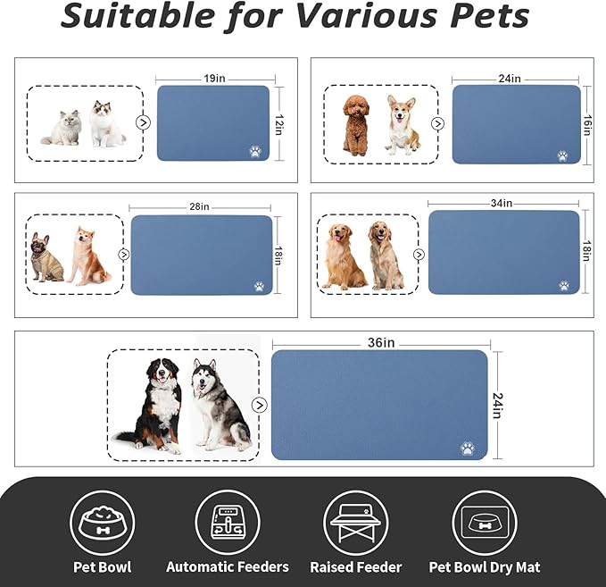 HotLive Dog Food Mat - Absorbent Cat Mat for Food and Water, No Stains Pet Feeding Bowl Mat, Easy to Clean Pet Placemats, Quick Dry Dog Water Dispenser Mat for Messy Drinkers | Paw Blue 24"x36"