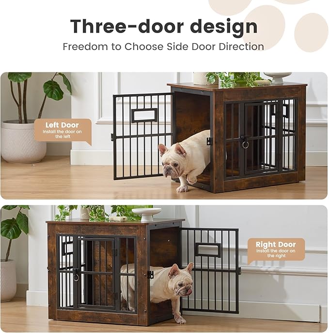27 Inch Heavy Duty Dog Crate Furniture for Puppy/Small Dogs, Decorative Pet House End Table with 3 Doors, Wooden Cage Kennel Furniture Indoor, Rustic Brown - Without Bowls