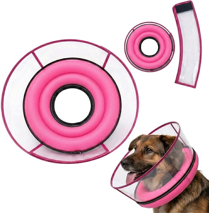 2-in-1 Soft Inflatable Dog Cone Collar Alternative with Enhanced Anti-Licking Guard Shield, Dog Collar After Surgery, Adjustable Recovery Cones for Large Medium Small Dogs and Cats(Pink, L)