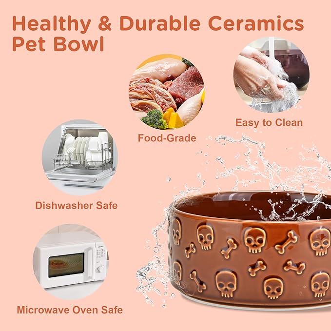 SPUNKYJUNKY Elevated Dog Bowls Ceramic, 7.3'' Dogs Food Water Bowls Raised with Non-Slip Bamboo Stand for Medium to Large Sized Breed Microwave Dishwasher Safe - 42 OZ,Skull Bronze