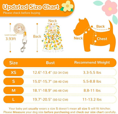 ABRRLO Dog Harness Dress Leash Set for Small Dog Summer Clothes Girl Female Puppy Cats Outfits Cute Floral Bowknot Princess Birthday Dress for Extra Small Pet Doggie Kitten Outfits Apparel(Yellow,XS)