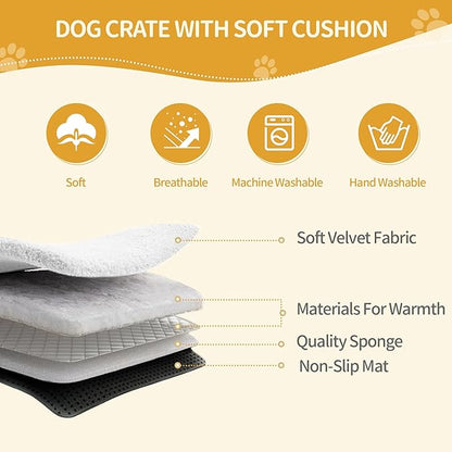 Hzuaneri 63" Dog Crate Furniture for 2 Dogs, Heavy Duty Indoor Dog Kennel TV Stand, L Wooden Dog Cage with Divider for Medium Large Dogs, End Table Dog Crate with Cushion, White Brown DFC80914BV1