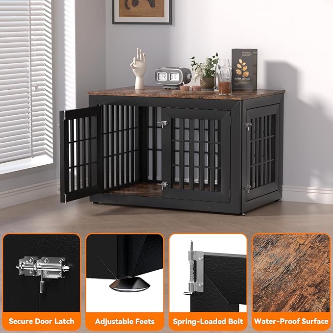 Snuowu 42" Heavy Duty Dog Crate Furniture for Small,Medium and Large Dogs,Rustic Wooden Dog Cage Kennel Indoor Furniture with Waterproof Top,Decorative Pet House Side End Table (Black & Wood)