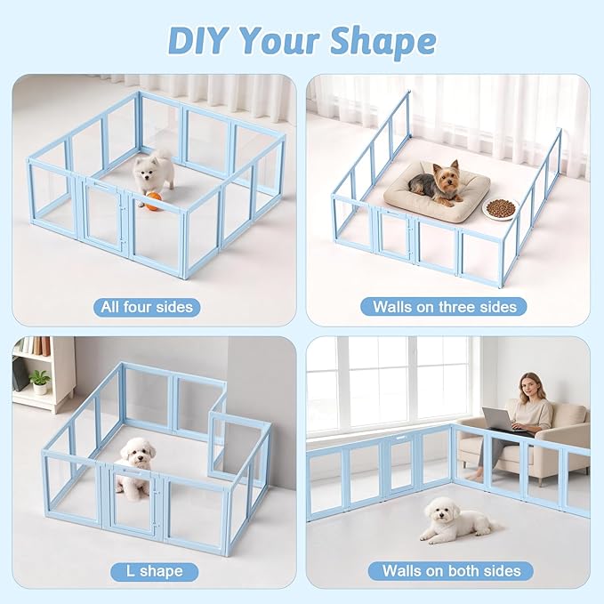 DIY Clear Acrylic Dog Playpen House,Quick Easy Assembly and Disassembly,Strong Floor Suction,Indoor and Outdoor Use,Easy Cleansing Puppy Fence (Sky Blue, 30.3" H, 12PCS)