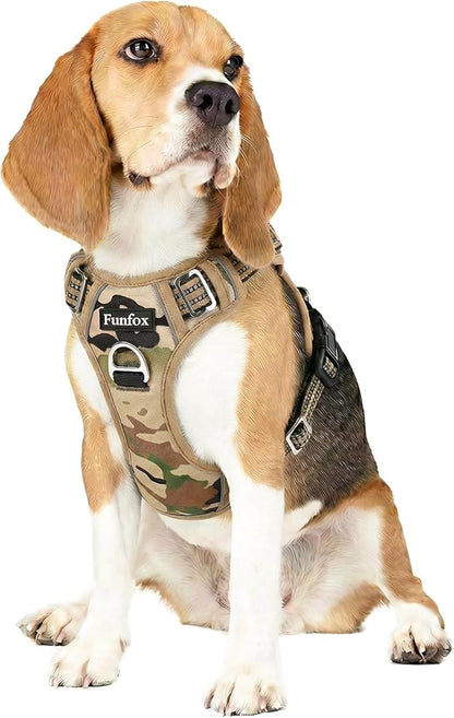 Funfox Dog Harness No Pull, Adjustable Pet Vest Harness, Super Soft Material with Vertical Handle Easy Control, Reflective Night Walking, 2 Leash Clips for Medium Sized Dogs, Camo Brown, M