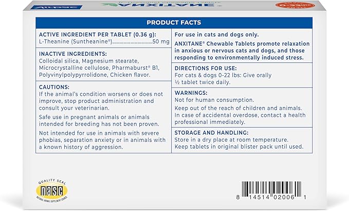 Virbac ANXITANE® (L-Theanine) Chewable Tablet - Promotes relaxation for anxious behavior - Small Dog/Cat < 22lbs