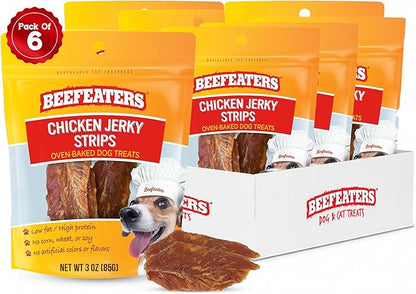 Beefeaters Chicken Jerky Strips for Dogs 3oz -Case of 6, 100% Real Chicken Breast, Oven-Baked, Grain-Free Dog Treats for Training & Rewards, High Protein, Low Fat, Resealable Bag, All Life Stages