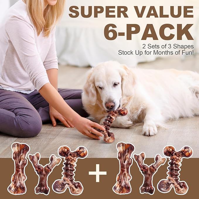 Kseroo Indestructible Dog Toys for Aggressive Chewers 6-Pack: Bacon Flavored Dog Chew Toys, Tough Dog Toys for Medium & Large Dogs (20-90lbs), Heavy Duty Nylon Dog Bone Toys to Keep Them Busy, Brown