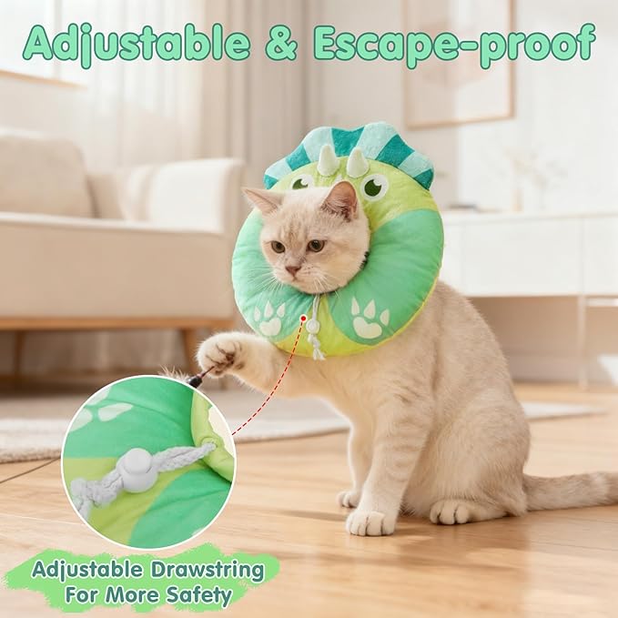 BEAUTYZOO Cat Cone Collar Soft, Cat Donut Recovery Collar After Surgery to Stop Licking, Kitten E Collars Neck Pillow Cone, Adjustable Elizabeth Pet Collars for Puppy Small Dogs, Green Triceratops S