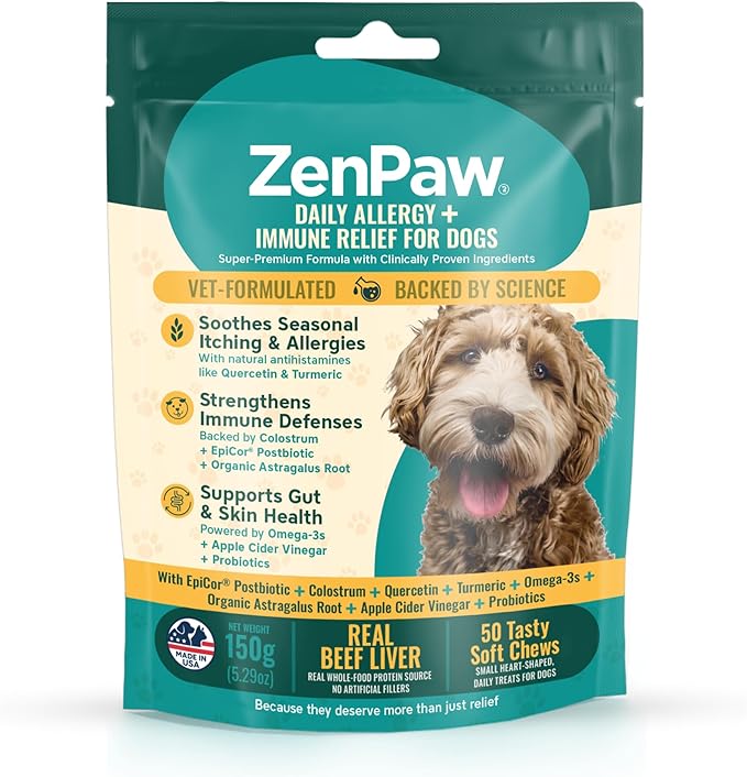 Daily Allergy + Immune Relief Dog Supplement Chews with Probiotics & Omega-3s for Itchy Skin and Ears, 50 Tasty Beef Liver Soft Chews for Dog Allergy Relief