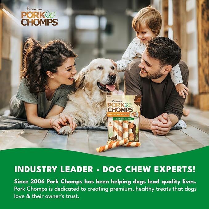 Pork Chomps Baked Pork Skin Dog Chews, 6 Inch Twists, 4 Count - Real Chicken Wrap - Long-Lasting Treats for Dogs - High Protein, Rawhide-Free, Low Fat, Healthy & Delicious Chews
