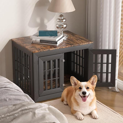 Snuowu 32" Heavy Duty Dog Crate Furniture for Small,Medium and Large Dogs,Rustic Wooden Dog Cage Kennel Indoor Furniture with Waterproof Top,Decorative Pet House Side End Table (Black & Wood)