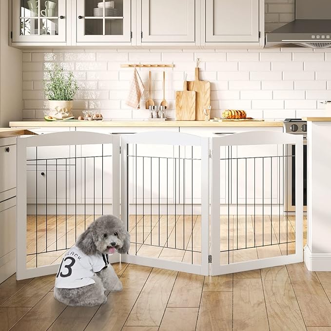 PAWLAND 72“ Extra Wide Dog gate for The House, Doorway, Stairs, Freestanding Foldable Wire Pet Gate, Pet Puppy Safety Fence, 30" Height (White, 3 Panels)