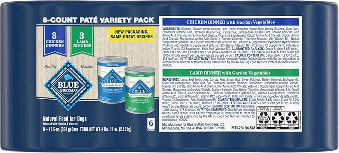 Blue Buffalo Homestyle Recipe Chicken and Lamb Wet Dog Food for Adult Dogs, 12.5 oz. Cans, 6 Count Variety Pack