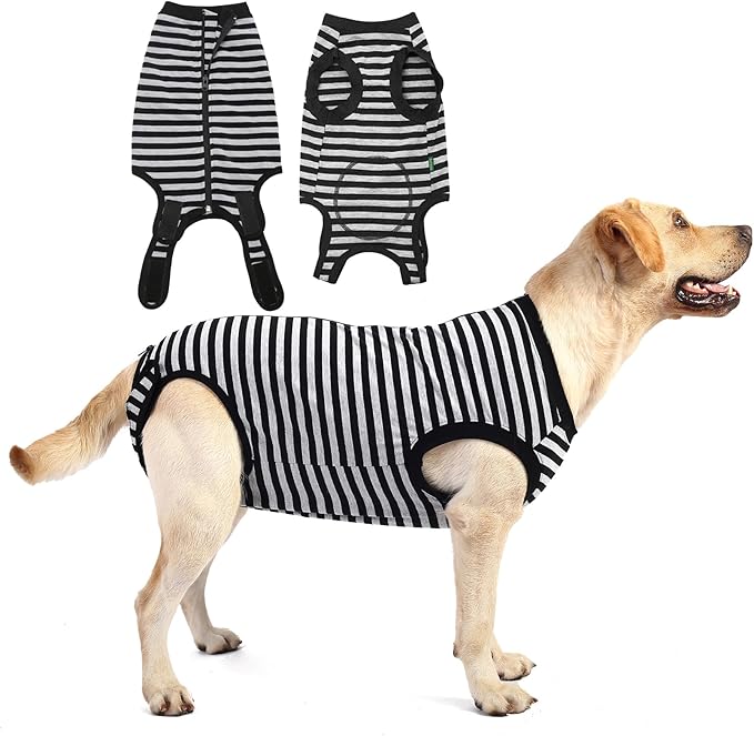 Dog Recovery Medium Suit,for Female Male Surgery,Spay,Neuter Recovery Shirt,Zipper Closure Cotton Striped Wounds Protect Suit,Black Striped M