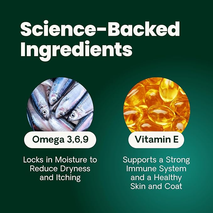 VetriScience Healthy Skin & Coat Chews, Derma Strength Omega-3 Salmon Oil Supplement for Dogs, Omega Skin and Coat Chews, Skin Health, Coat Growth, Veggie, 70 Count