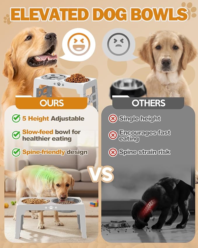Jovrun Elevated Dog Bowls for Medium Size Dogs with Mat, Non-Slip Dog Feeder with 1*Stainless Steel Dishes & 1*Slow Feeder Bowl, 5 Heights Adjustable Raised Bowls for 3.15″-8.66″-9.84″-11.02″-12.2″