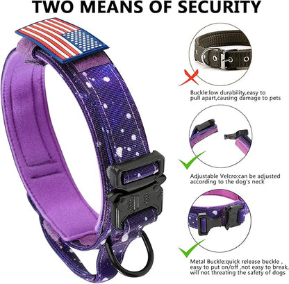 DAGANXI Tactical Dog Collar, Adjustable Military Training Nylon Dog Collar with Control Handle and Heavy Metal Buckle for Medium and Large Dogs, with Patches and Airtags Case (L, Purple Sky)