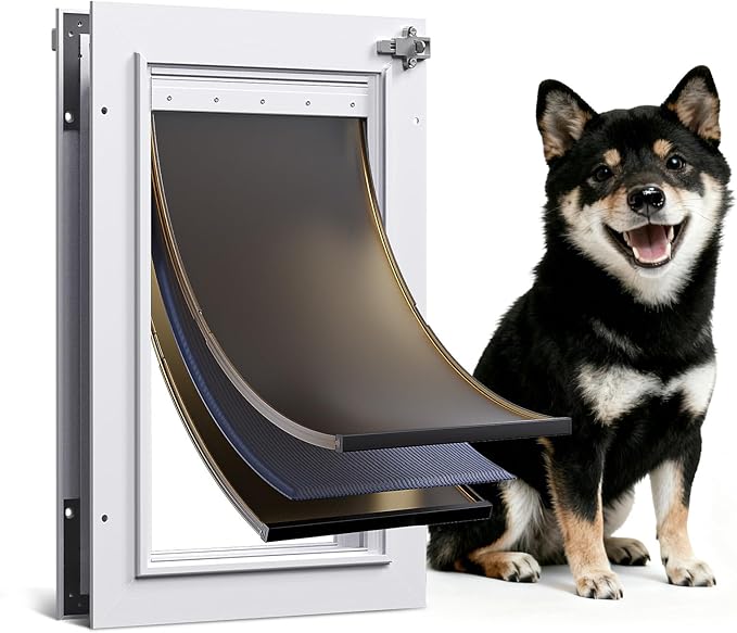 Dog Door for Door All Aluminum Alloy 3 Flaps White, Medium Doggy Doggie Door, Cat Door Heavy Duty Pet Door for Dogs, Insulation Flap and Lockable Closing Panel, Durable Rust Resistant, Pet Up to 45lb