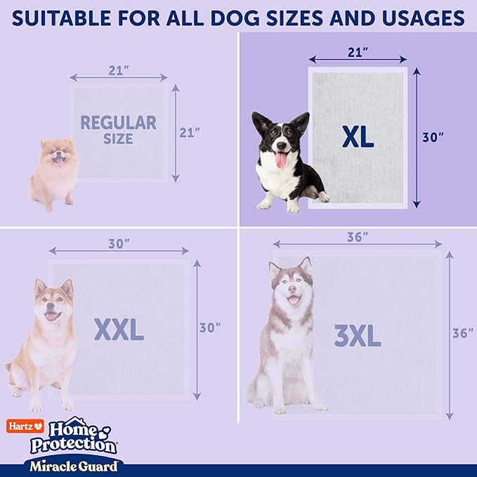 Hartz Miracle Guard Dog and Puppy Dog Pads Max Absorbency 24 Hour Use Odor Eliminating Lavender Scented No Leaks, X-Large Size 30 Count
