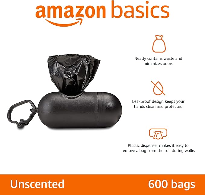 Amazon Basics Dog Poop Leak Proof Bags with Dispenser and Leash Clip, Unscented, 13" x 9", 600 Count