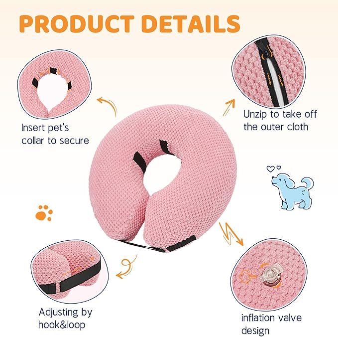 Supet Inflatable Dog Cone Collar for Dogs to Stop Licking, Dog Donut Collar After Surgery, Soft Pet Cone for Small Medium Large Dogs Pink 02 XXL