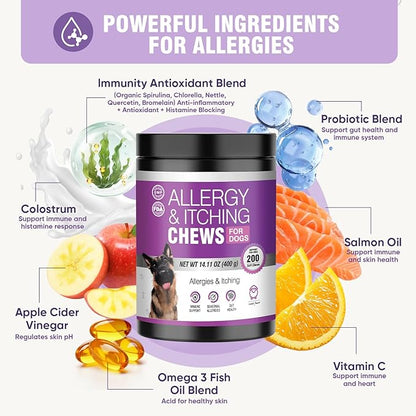 Dog Allergy Chews 200ct - Dog Allergy and Itching Skin Relief Anti Itch Aller Immune Bites for Dogs licking Paws Treatment Relief Itchy Chew Probiotics Vitamins for Skin and Coat Allergies - Lamb