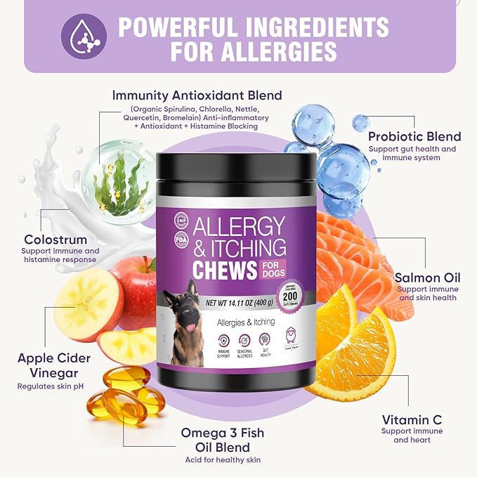 Dog Allergy Chews 200ct - Dog Allergy Itching Skin Relief & Immune Support Anti Itch Probiotics for Yeast, Itchy Skin and Itchy Ears, Vitamins for Seasonal Allergies Itchy Skin, Gut Health, Lamb
