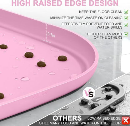 Smilool Small Silicone Pet Food Mat with Raised Edge for Food and Water Bowl, Square Dog Feeding Mats, Cat Food Trays for Floor Waterproof, Rubber Tray for Dogs and Cats, 12 x 12 x 0.7 Pink