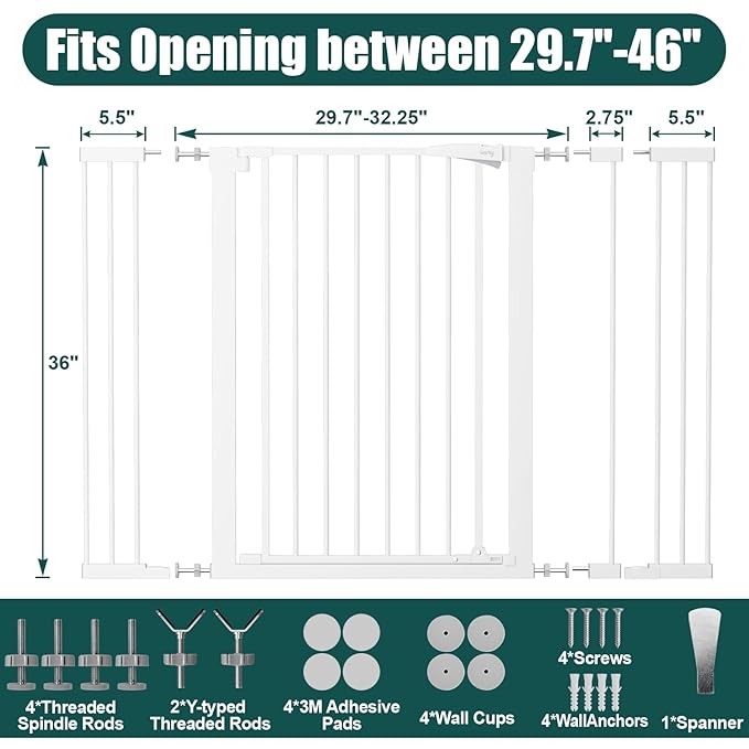 keny 36" Extra Tall Baby Gate for Doorways, Fits Openings 29.7" to 46" Wide, Auto Close Pressured Mounted Dog Gate for Stairs, No Drilling Easy Install Pet Gate, White