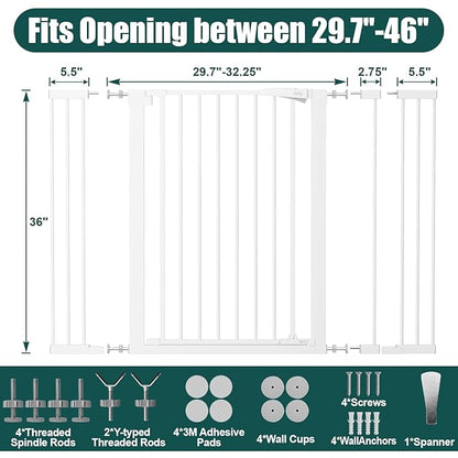 keny 36" Extra Tall Baby Gate for Doorways, Fits Openings 29.7" to 46" Wide, Auto Close Pressured Mounted Dog Gate for Stairs, No Drilling Easy Install Pet Gate, White