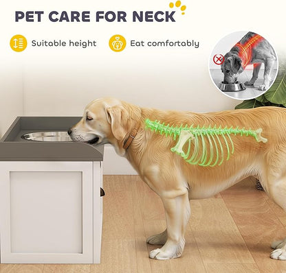 PawHut Large Elevated Dog Bowls with Storage Drawer Containing 21L Capacity, Raised Pet Feeding Station 2 Stainless Steel Grey,White