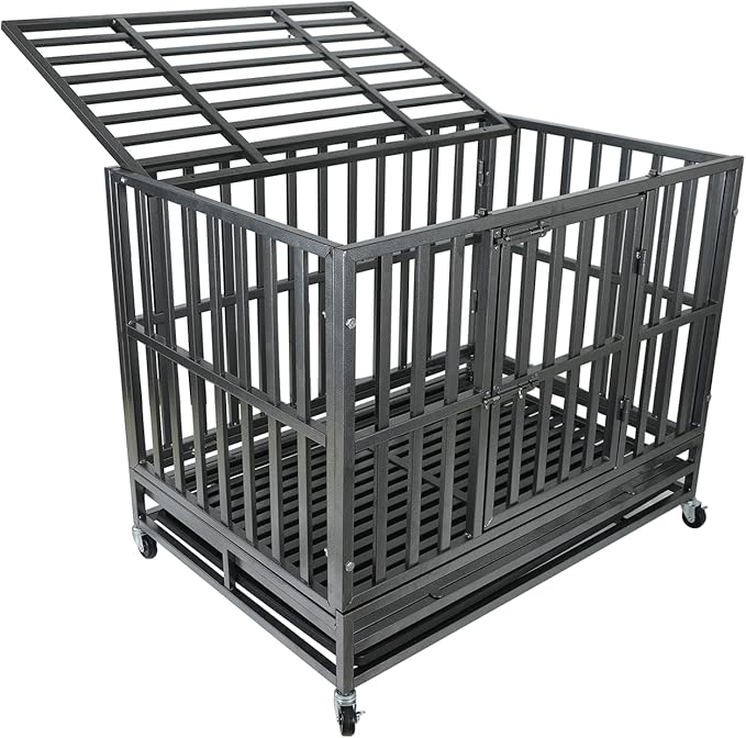 Confote 47Inch Heavy Duty Dog Kennel Strong Metal Dog Cage Pet Crate for Medium and Large Dogs with Four Lockable Wheels, Removeable Tray