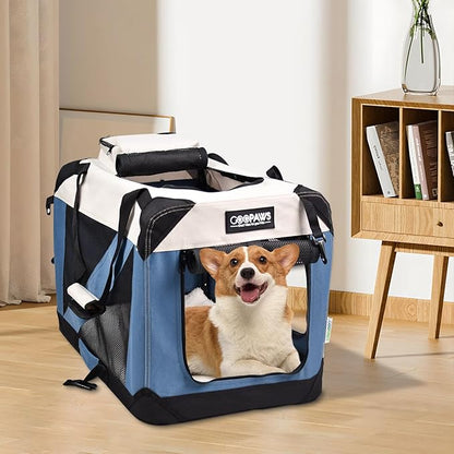JESPET Soft Dog Crates Kennel for Pets, 3 Door Soft Sided Folding Travel Pet Carrier with Straps and Fleece Mat for Dogs, Cats(6-Lake Blue, Large(30" L x 21" W x 23" H))