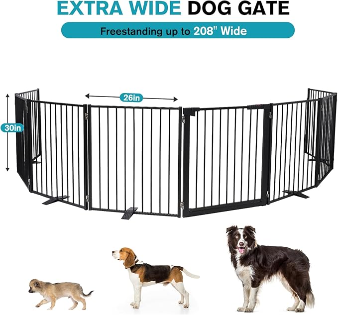 Snagle Paw Extra Wide Dog Gate,Free Standing Dog Fence with Door, Up to 208 Inch Wide Pet Gate with Support Feet for Stairs, Hallways, Doorways, Yard (Black, 8 Panels)