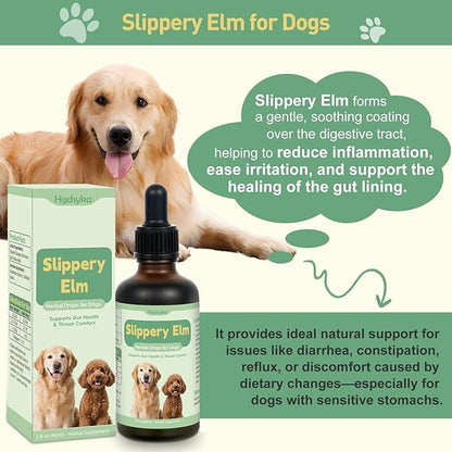 Slippery Elm for Dogs, Organic Slippery Elm Inner Bark Extract Drops for Sensitive Stomach Dogs, Support Digestive Tract Gut Lining Throat Health Bowel Function, Herbal Liquid Formula 2 Fl Oz
