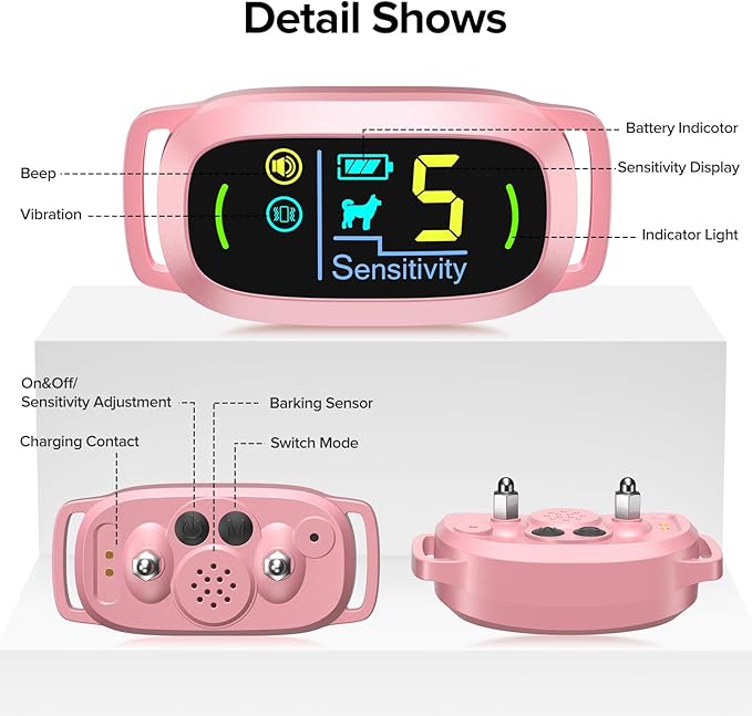 FAFAFROG Dog Bark Collar for Large Medium Small Dogs, Rechargeable Smart Bark Collar, Anti Barking Training Collar with 5 Adjustable Sensitivity Beep Vibration (Pink)