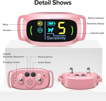 FAFAFROG Dog Bark Collar for Large Medium Small Dogs, Rechargeable Smart Bark Collar, Anti Barking Training Collar with 5 Adjustable Sensitivity Beep Vibration (Pink)